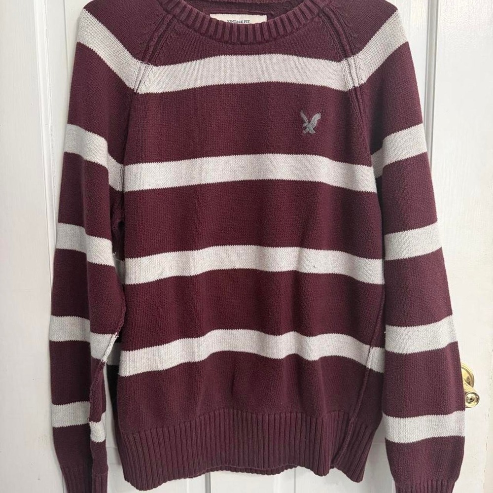 American Eagle Burgundy and White Striped Sweater, Size L